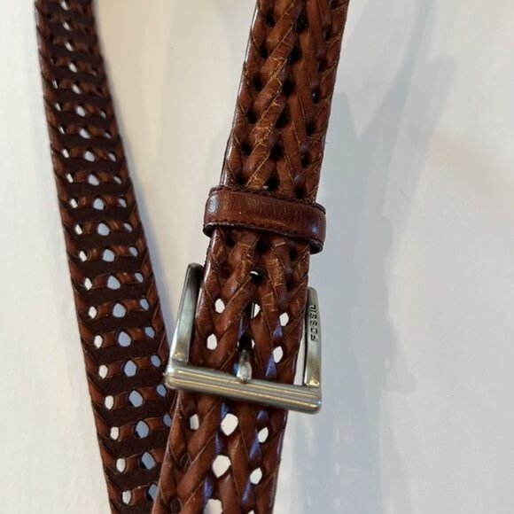 Fossil Genuine Leather Men's Braided Woven Brown Belt size 34 Brass Buckle - Picture 12 of 13